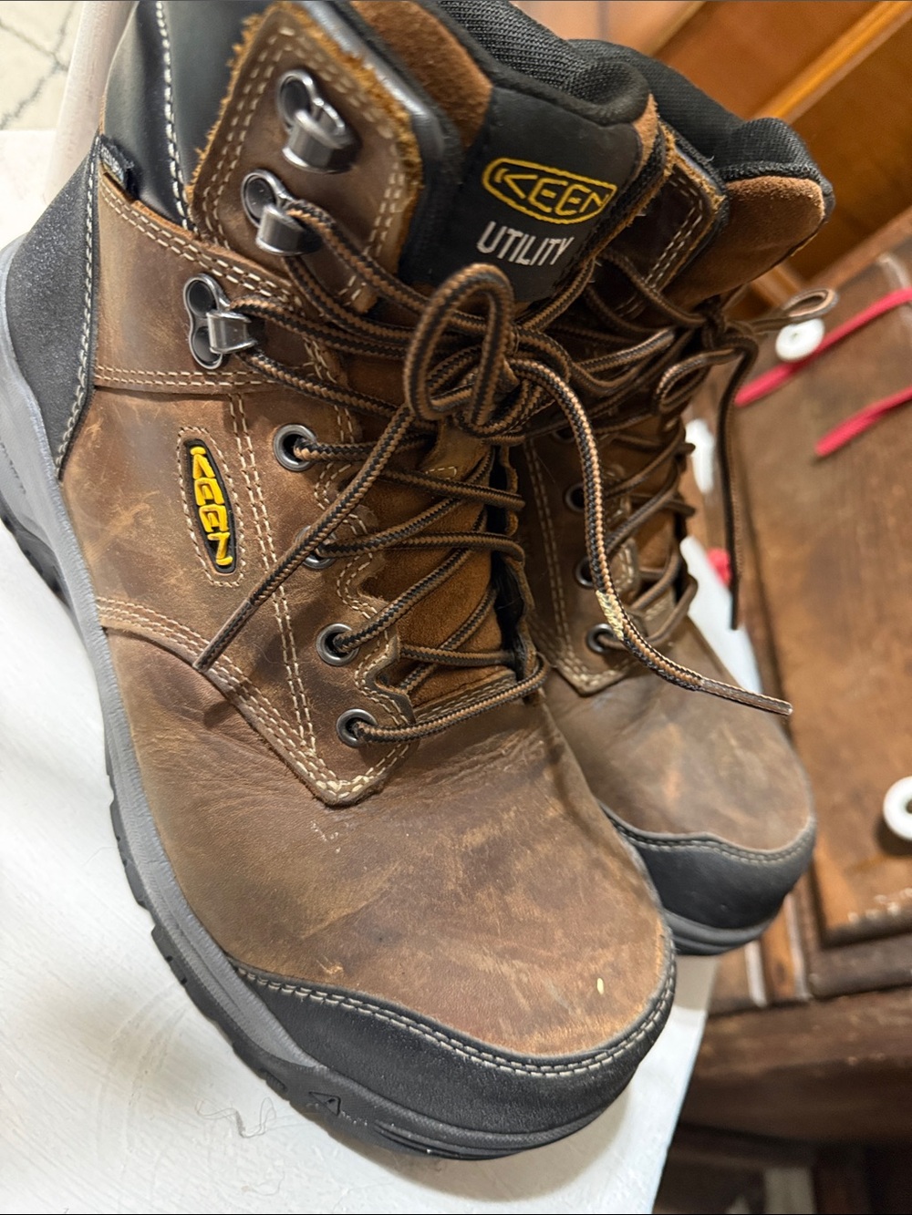 Keen Utility Brown Leather Work Boots with Black Trim
